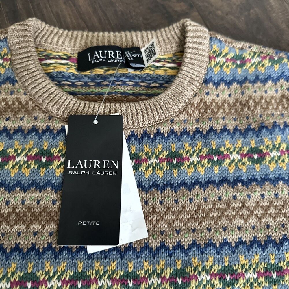 Lauren Ralph Lauren Women's Petite Fair Isle Short Sleeve Sweater Top Tan P/M - Picture 7 of 10